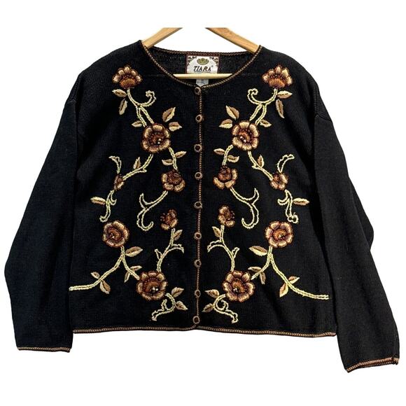 Tiara Vintage Floral Embroidered Button Up Black Sweater Women Medium - Picture 1 of 7